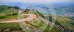 Panoramic Landscape View of Lake Lucerne and mountain ranges from Rigi Kulm viewpoint, Lucerne, Switzerland, Europe