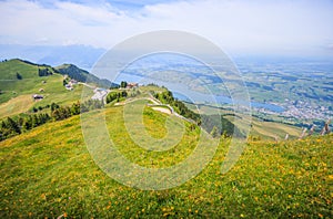 Panoramic Landscape View of Lake Lucerne and mountain ranges from Rigi Kulm viewpoint, Lucerne, Switzerland, Europe