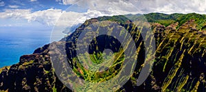 Panoramic landscape view of Na Pali coastline in dramatic style, Kauai, Hawaii