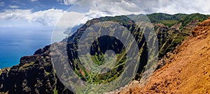 Panoramic landscape view of Na Pali coastline in dramatic style, Kauai, Hawaii