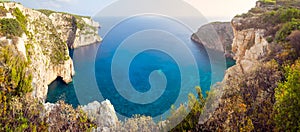 Panoramic landscape view of ocean cliffs and rock formations in Zakynthos