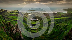 Panoramic landscape view of Quiraing coastline in Scottish highlands, Scotland, UK