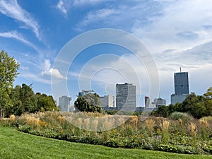 Panoramic landscape view of the skyline behind the Donaupark during summer