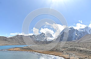 Panoramic landscape view of snowcapped great Himalayas mountains seen from Gurudongmar Lake, a famous tourist attraction in Mangan