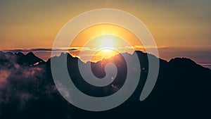 Panoramic landscape view of sunrise over High Tatras mountains, Slovakia