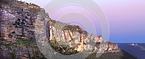 Panoramic landscape view of The Three Sisters rock formation in