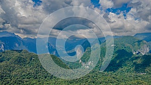 Panoramic landscape view of tropical forest and mountains near Gunung Mulu national park. Borneo. Sarawak.