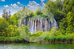 Panoramic landscape of waterfalls in Plitvice Lakes National Park, Croatia, Europe