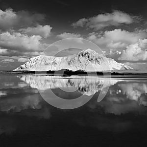 Panoramic landscape, winter mountains and fjord reflection in water. Norway, the Lofoten Islands.