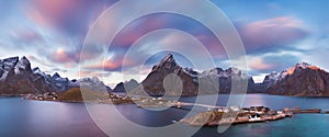 Panoramic landscape, winter mountains and fjord reflection in water. Norway, the Lofoten Islands. photo