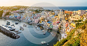 Panoramic late afternoon sight of the beautiful island of Procida, near Napoli, Campania region, Italy.