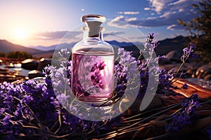 Panoramic lavender view, flacons of essential oils enhance the healing ambiance, aromatherapy haven