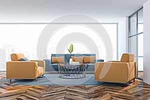 Panoramic living room interior, blue sofa