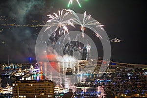 Panoramic lovely view of fireworks on the Principality of Monaco