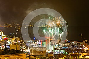 Panoramic lovely view of fireworks on the Principality of Monaco