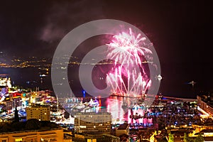 Panoramic lovely view of fireworks on the Principality of Monaco