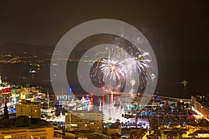 Panoramic lovely view of fireworks on the Principality of Monaco