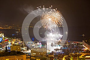 Panoramic lovely view of fireworks on the Principality of Monaco