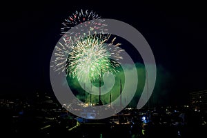 Panoramic lovely view of fireworks on the Principality of Monaco