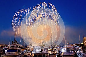 Panoramic lovely view of fireworks on the Principality of Monaco