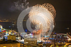 Panoramic lovely view of fireworks on the Principality of Monaco