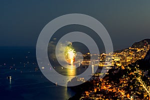 Panoramic lovely view of fireworks on the Principality of Monaco shortly after sunset