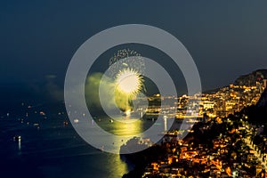 Panoramic lovely view of fireworks on the Principality of Monaco shortly after sunset