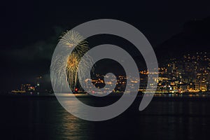 Panoramic lovely view of fireworks on the Principality of Monaco shortly after sunset