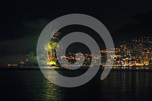 Panoramic lovely view of fireworks on the Principality of Monaco shortly after sunset