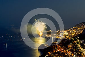 Panoramic lovely view of fireworks on the Principality of Monaco shortly after sunset