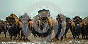 Panoramic lowangle view of a herd of shaggy bison showcasing their sturdy builds and natural beauty