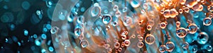 This panoramic macro image presents a dance of water droplets on tendrils