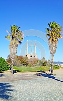 Panoramic marina of the Parc del Port Forum with three chimneys in Sant Adria del Besos