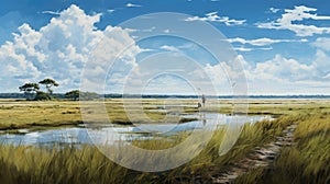Panoramic Marsh: A Makoto Shinkai-inspired Painting By Tsubasa Nakai