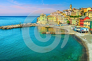 Panoramic mediterranean coastline with popular Bogliasco resort, Liguria, Italy, Europe