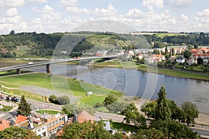Panoramic Meissen cityscape with the Elbe river and a bridge