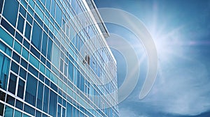 Panoramic Modern Building Facade with one opened Window, on blue sky with bright sunshine