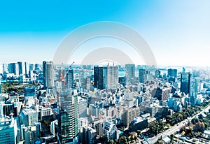 Panoramic modern city skyline aerial view under blue sky in Tokyo, Japan