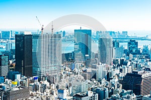 Panoramic modern city skyline aerial view under blue sky in Tokyo, Japan