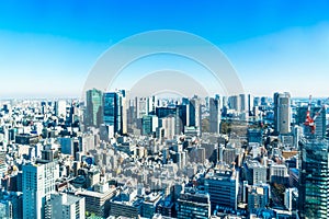 Panoramic modern city skyline aerial view under blue sky in Tokyo, Japan