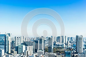 Panoramic modern city skyline aerial view under blue sky in Tokyo, Japan