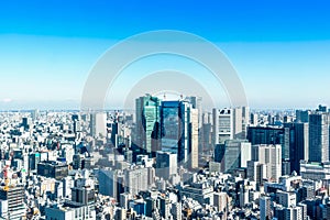 Panoramic modern city skyline aerial view under blue sky in Tokyo, Japan