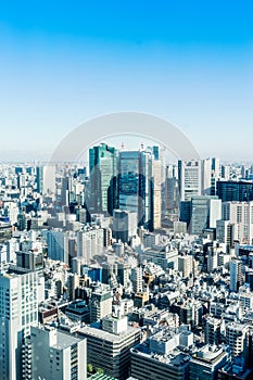 Panoramic modern city skyline aerial view under blue sky in Tokyo, Japan