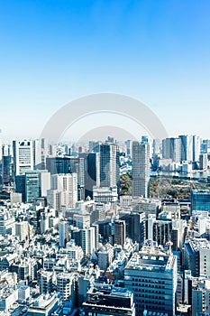 Panoramic modern city skyline aerial view under blue sky in Tokyo, Japan