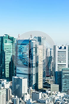 Panoramic modern city skyline aerial view under blue sky in Tokyo, Japan