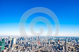 Panoramic modern city skyline aerial view under blue sky in Tokyo, Japan