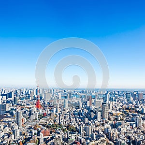 Panoramic modern city skyline aerial view under blue sky in Tokyo, Japan