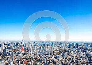 Panoramic modern city skyline aerial view under blue sky in Tokyo, Japan