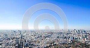 Panoramic modern city skyline aerial view under blue sky in Tokyo, Japan