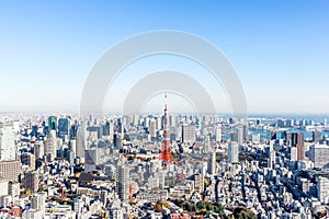 Panoramic modern city skyline aerial view under blue sky in Tokyo, Japan